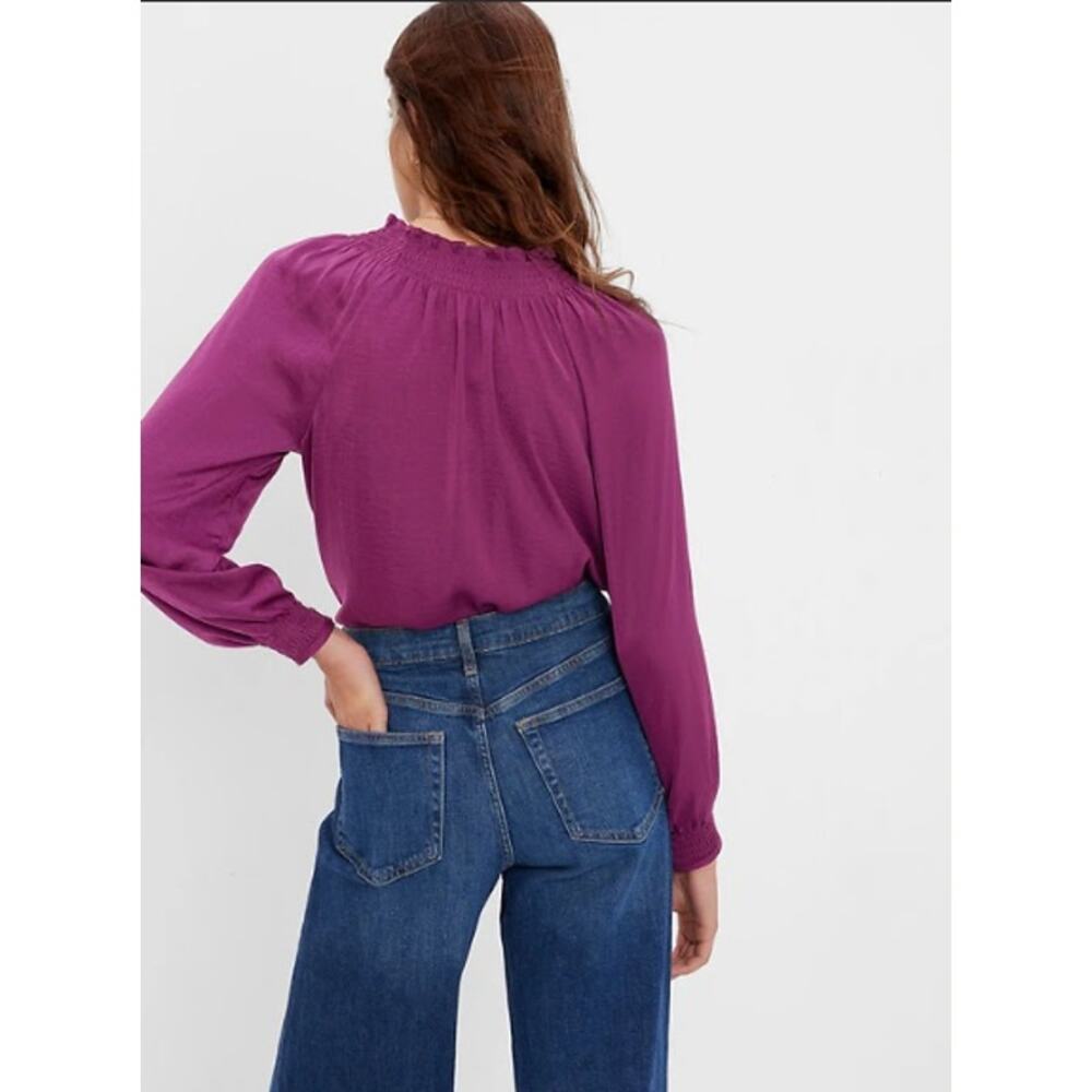 JOIE Smocked Mock Neck Blouse Plum‎ Wine Peasant Top Long Sleeve - Size S
